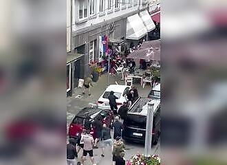 Crazy fight between English and Serbian soccer fans in Germany