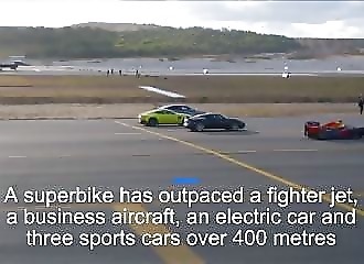 Course entre un F16, un jet privé, une F1, une moto, une Aston Martin, une Lotus et une Telsa
