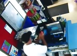 This cashier has a special way of protecting his business