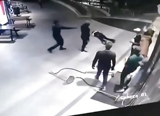 A bouncer blows up an insistent customer, narrowly missing killing him