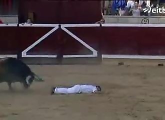 Un acrobate tente le saut par-dessus un taureau