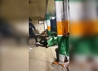 He tries to attack a man and is instantly put to sleep