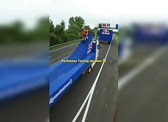 A stunt over a freeway barrier almost goes completely wrong