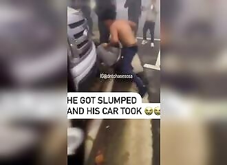 He wants to fight in the street but quickly loses the fight and has his car stolen